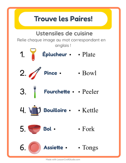 Associer images et mots en anglais – Ustensiles de cuisine