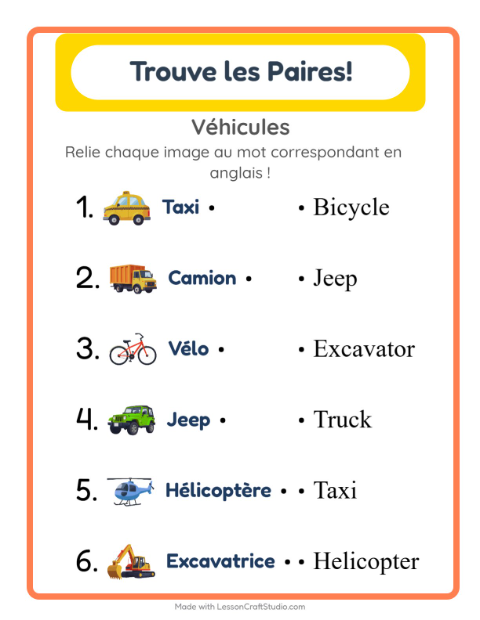 Associer images et mots en anglais – Véhicules