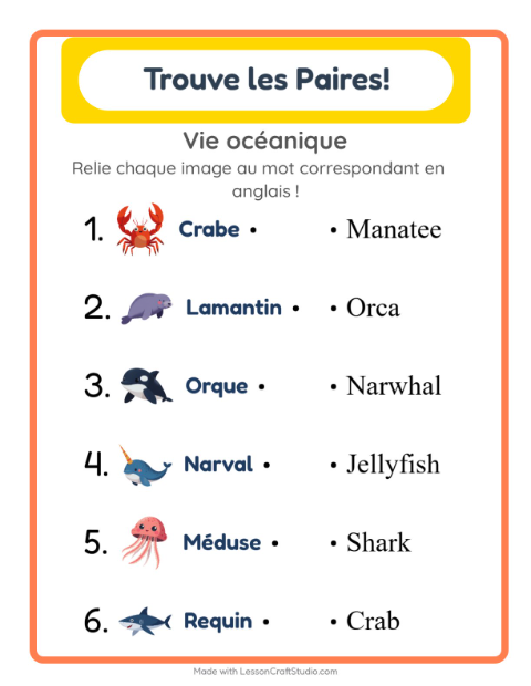Associer images et mots en anglais – Vie océanique