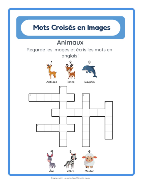 Aperçu : Apprendre l’anglais : Animaux – mots croisés en images pour enfants