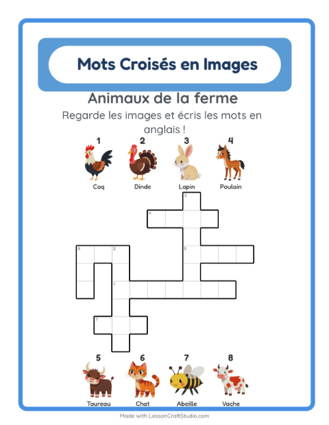 Mots croisés en anglais – Animaux de la ferme