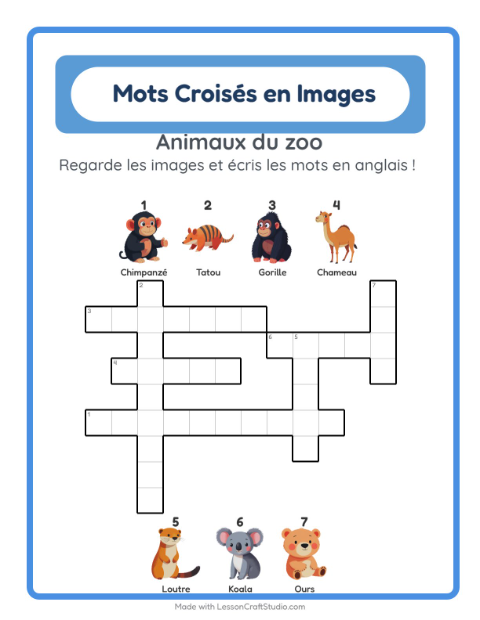 Mots croisés en anglais – Animaux du zoo
