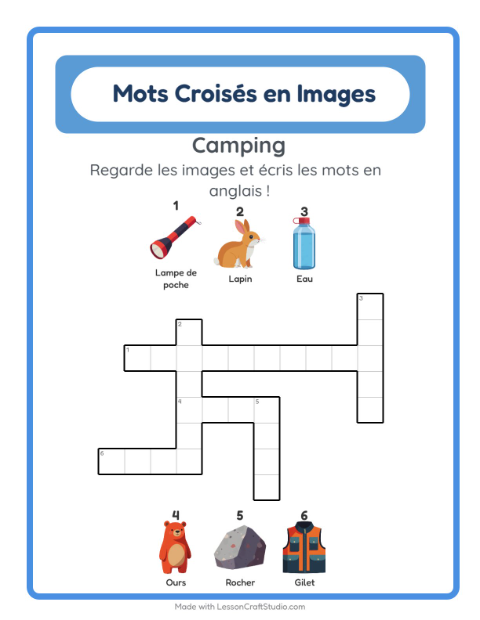 Mots croisés en anglais – Camping