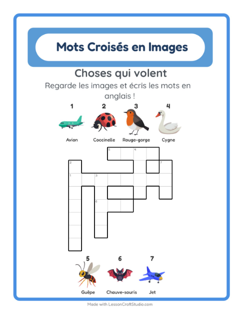 Aperçu : Apprendre l’anglais : Choses qui volent – mots croisés en images pour enfants