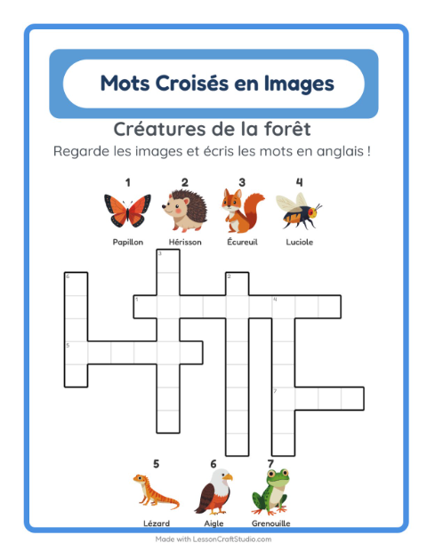 Aperçu : Apprendre l’anglais : Créatures de la forêt – mots croisés en images pour enfants