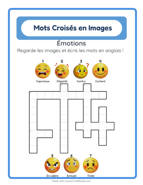 Aperçu : Apprendre l’anglais : Émotions – mots croisés en images pour enfants