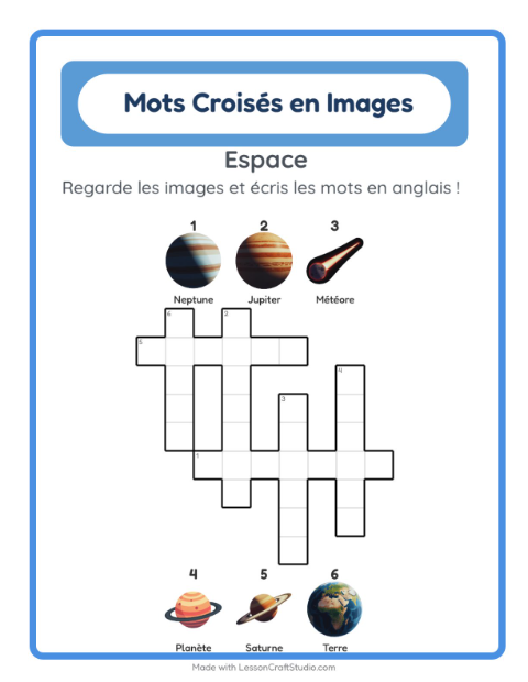 Aperçu : Apprendre l’anglais : Espace – mots croisés en images pour enfants