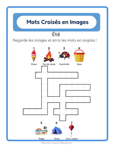 Aperçu : Apprendre l’anglais : Été – mots croisés en images pour enfants