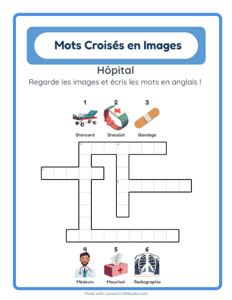 Aperçu : Apprendre l’anglais : Hôpital – mots croisés en images pour enfants