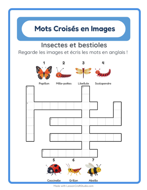 Aperçu : Apprendre l’anglais : Insectes et bestioles – mots croisés en images pour enfants