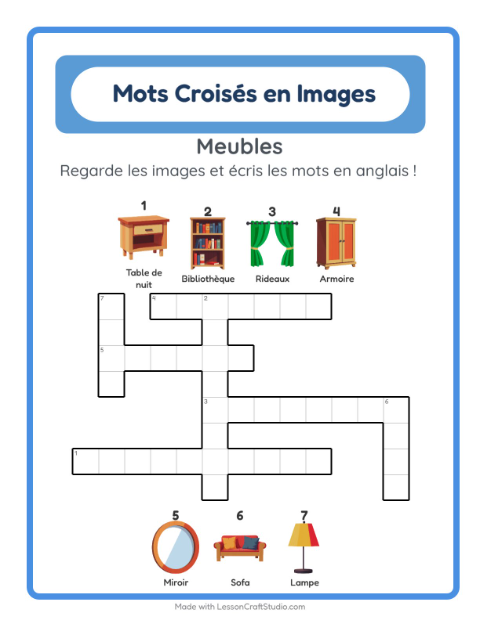 Mots croisés en anglais – Meubles