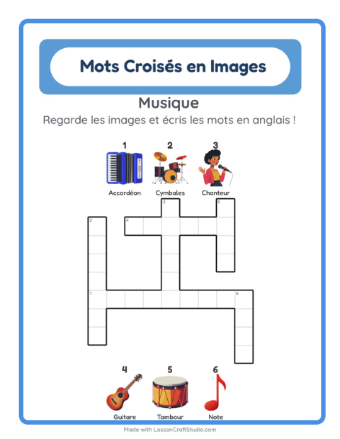 Mots croisés en anglais – Musique