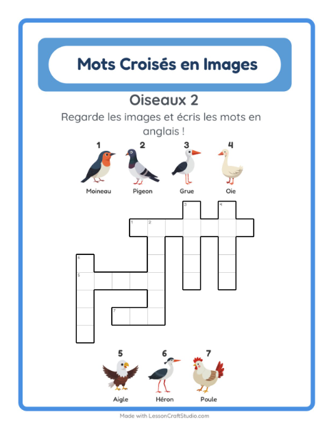 Mots croisés en anglais – Oiseaux 2