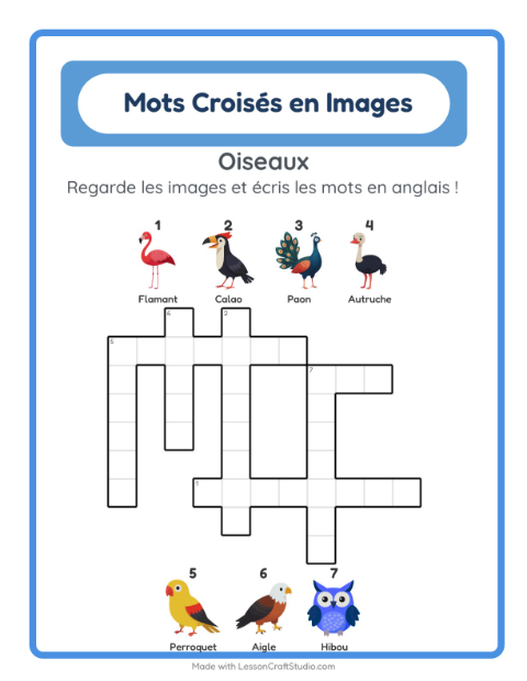 Mots croisés en anglais – Oiseaux