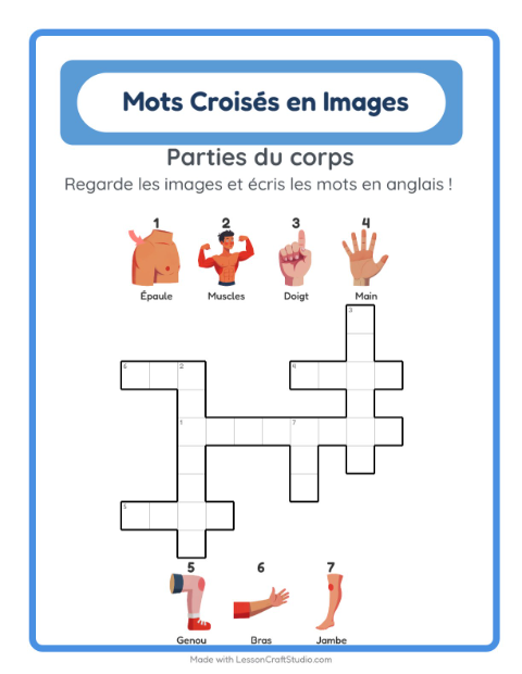 Aperçu : Apprendre l’anglais : Parties du corps – mots croisés en images pour enfants