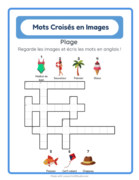 Mots croisés en anglais – Plage