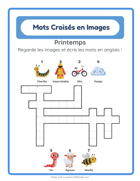Aperçu : Apprendre l’anglais : Printemps – mots croisés en images pour enfants