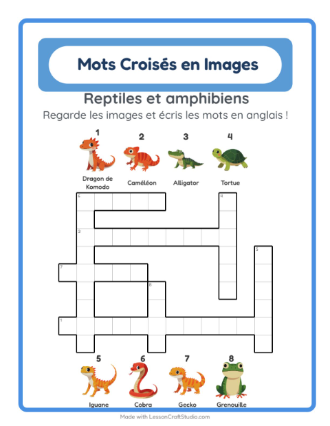 Mots croisés en anglais – Reptiles et amphibiens