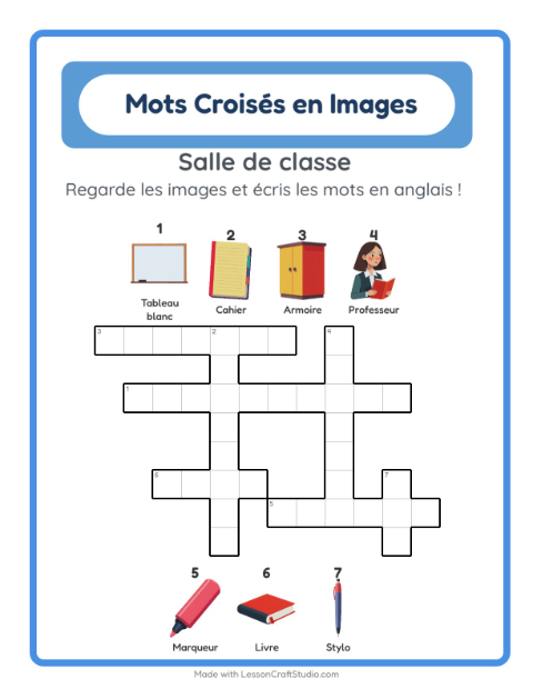 Mots croisés en anglais – Salle de classe