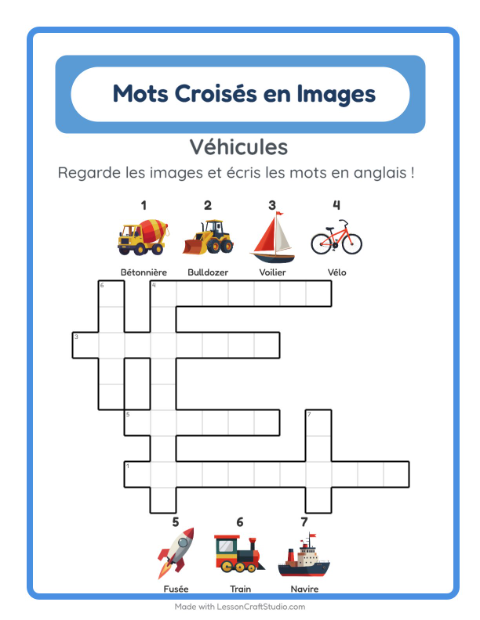 Aperçu : Apprendre l’anglais : Véhicules – mots croisés en images pour enfants