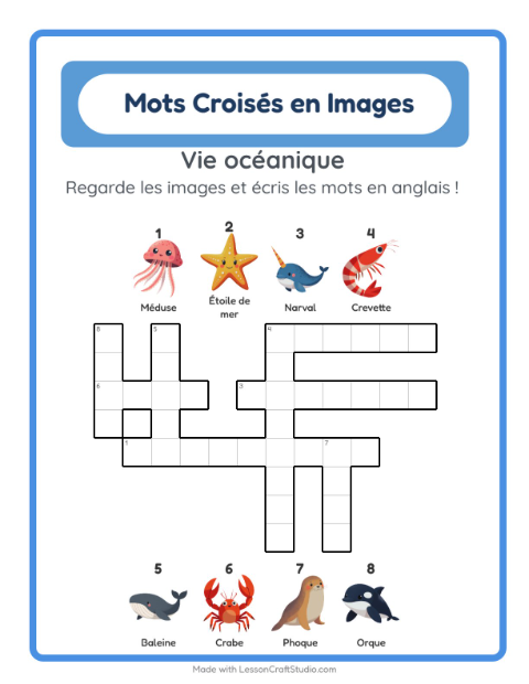 Mots croisés en anglais – Vie océanique