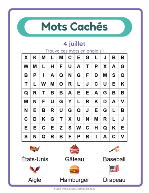 Mots mêlés en anglais – 4 juillet