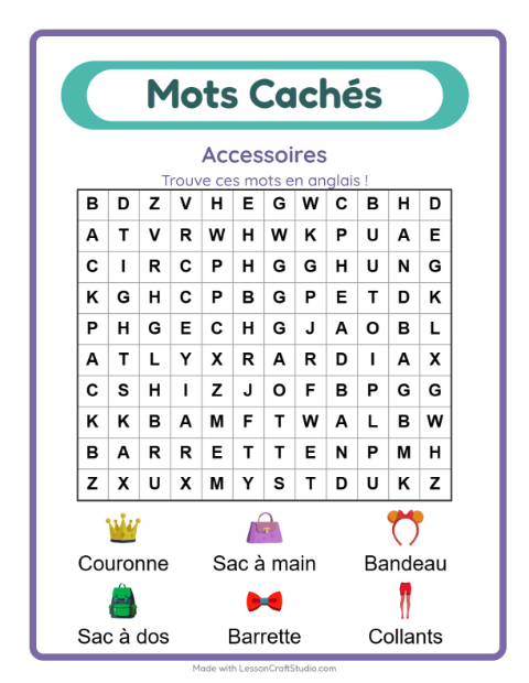 Aperçu : Apprendre l’anglais : Accessoires – mots mêlés pour enfants