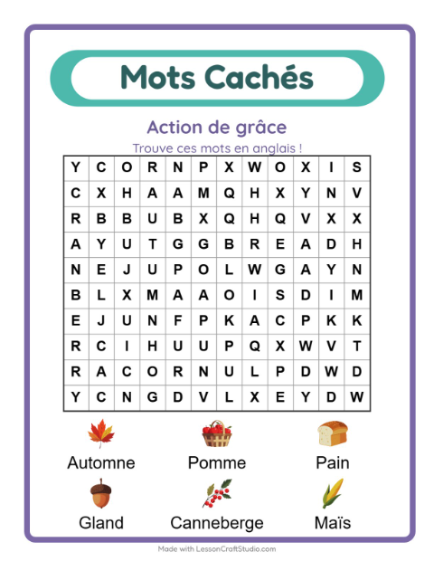 Aperçu : Apprendre l’anglais : Action de grâce – mots mêlés pour enfants