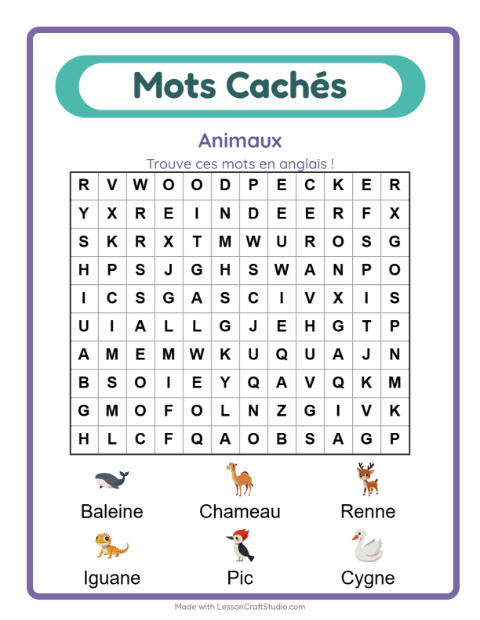 Mots mêlés en anglais – Animaux