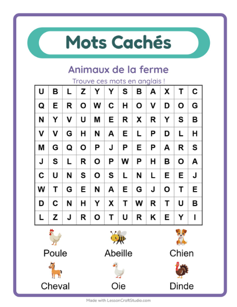 Mots mêlés en anglais – Animaux de la ferme
