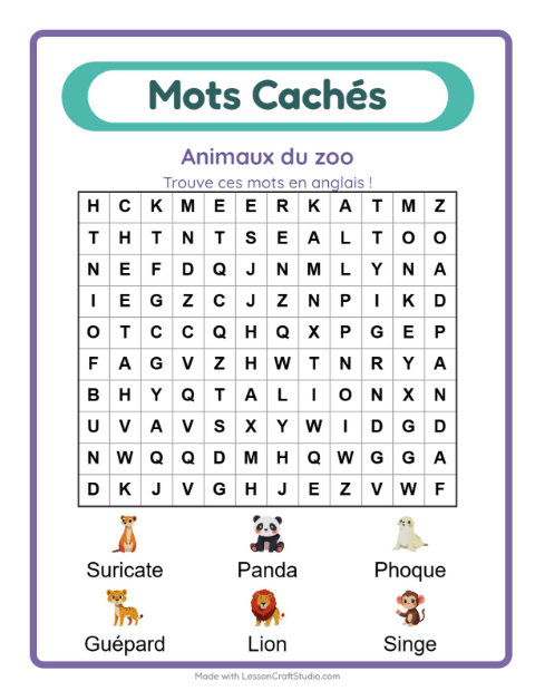 Aperçu : Apprendre l’anglais : Animaux du zoo – mots mêlés pour enfants