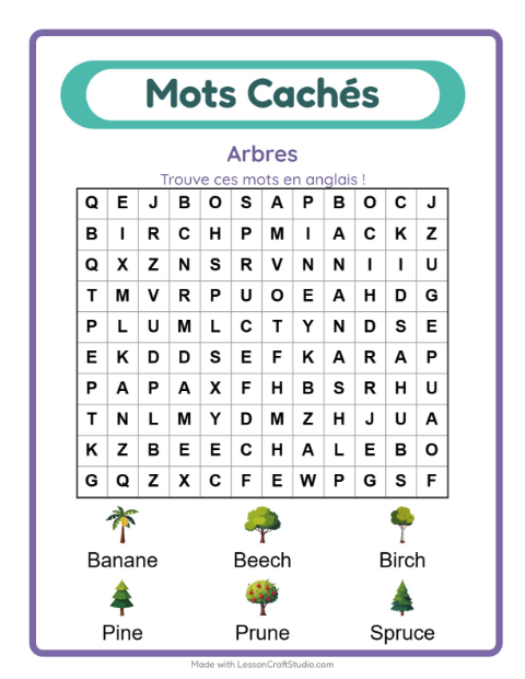 Mots mêlés en anglais – Arbres