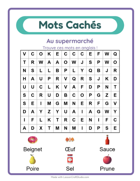 Aperçu : Apprendre l’anglais : Au supermarché – mots mêlés pour enfants