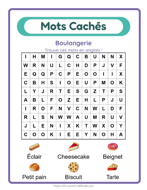 Mots mêlés en anglais – Boulangerie