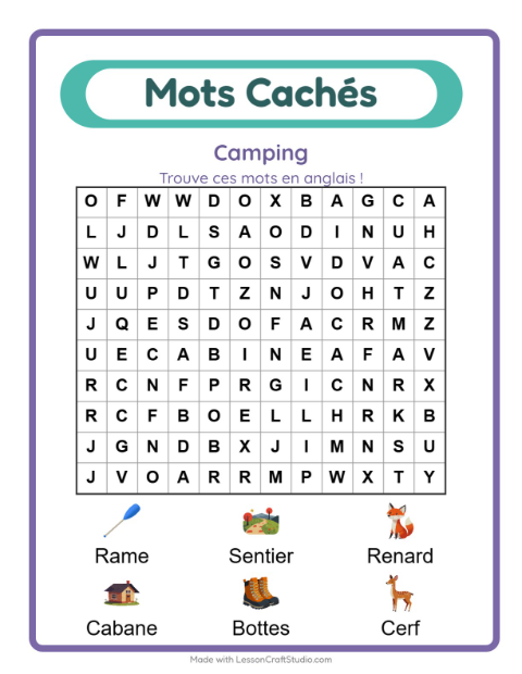 Mots mêlés en anglais – Camping