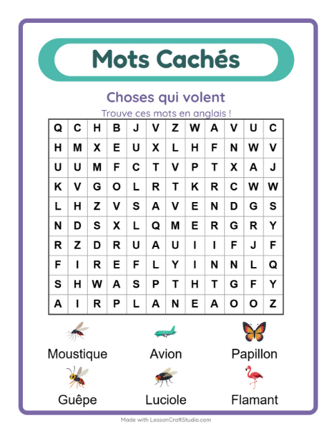 Mots mêlés en anglais – Choses qui volent