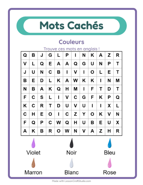 Mots mêlés en anglais – Couleurs