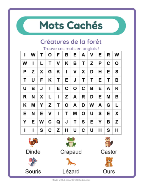 Mots mêlés en anglais – Créatures de la forêt