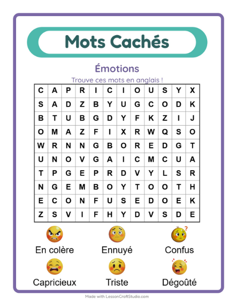 Mots mêlés en anglais – Émotions