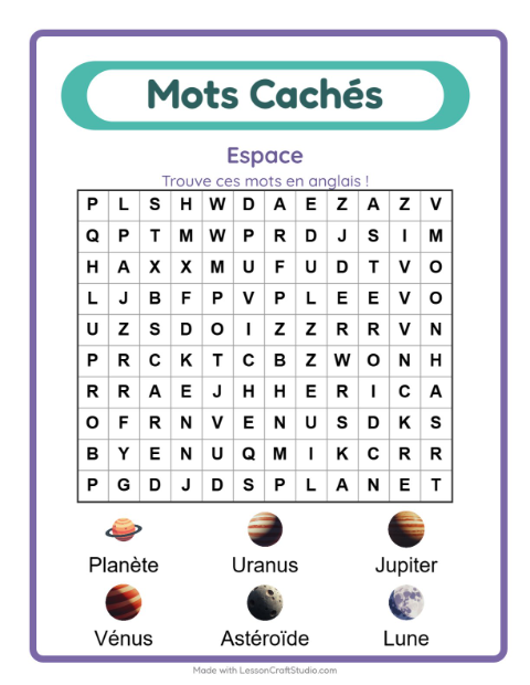 Mots mêlés en anglais – Espace