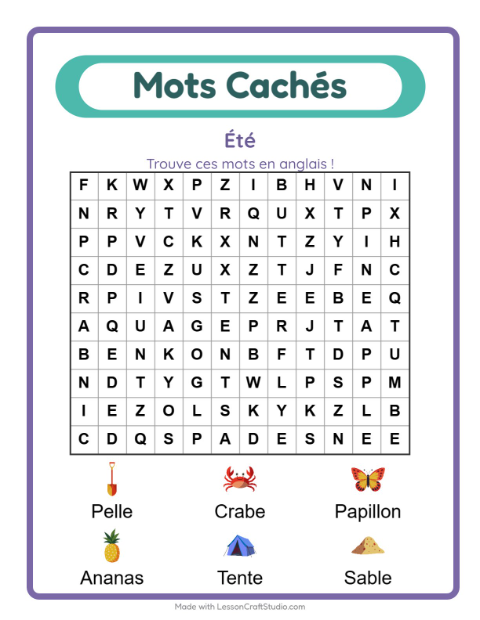 Mots mêlés en anglais – Été