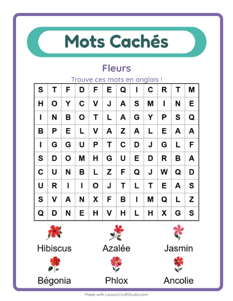 Mots mêlés en anglais – Fleurs