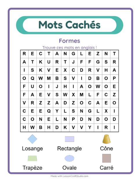 Aperçu : Apprendre l’anglais : Formes – mots mêlés pour enfants