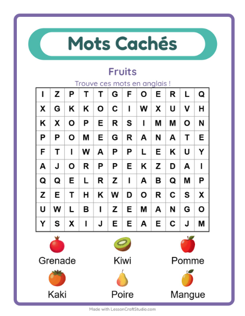 Mots mêlés en anglais – Fruits