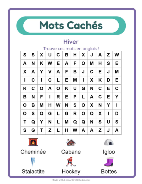 Mots mêlés en anglais – Hiver