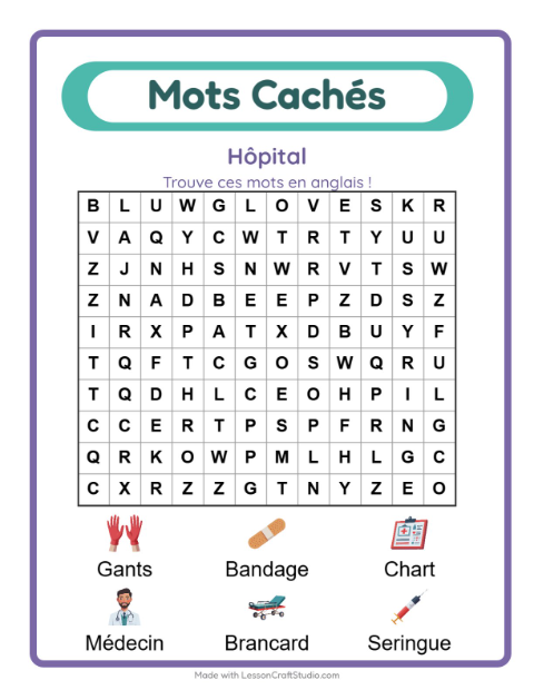 Mots mêlés en anglais – Hôpital
