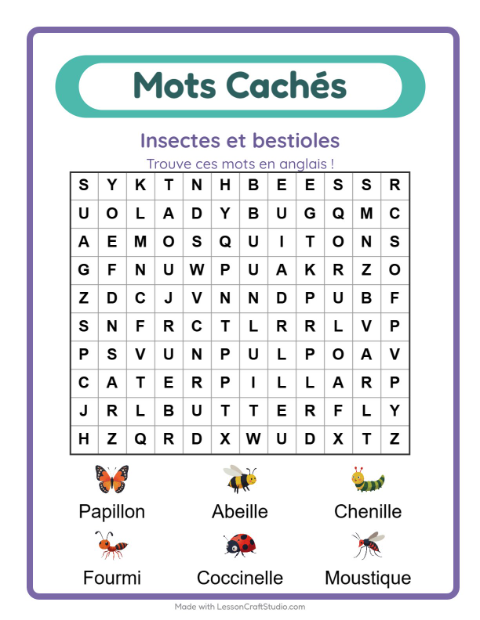 Mots mêlés en anglais – Insectes et bestioles