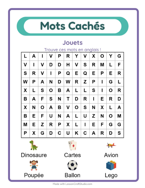 Aperçu : Apprendre l’anglais : Jouets – mots mêlés pour enfants