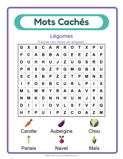 Mots mêlés en anglais – Légumes