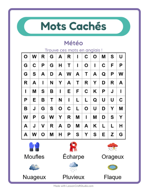 Mots mêlés en anglais – Météo